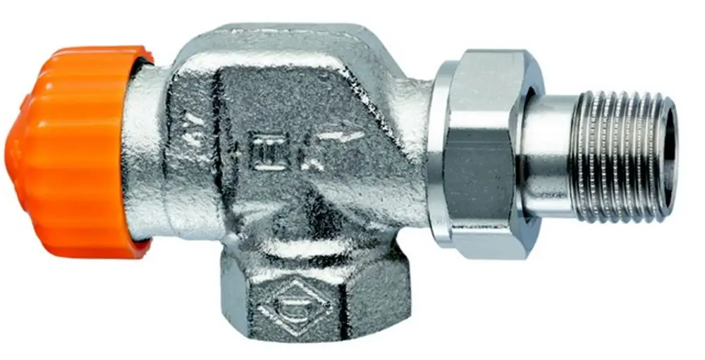 Thermostatventilunterteil in axialer Form mit einer orangefarbenen Abdeckung, aus Metall gefertigt, von IMI Hydronic Engineering.